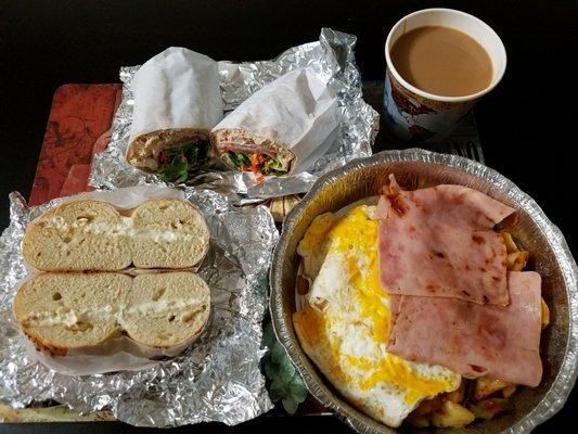 Everything Bagel with Cream Cheese, Fried Eggs with Ham, Italian Tuna Wrap, Chai Latte