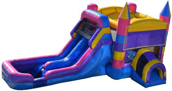 Double lane waterslide with poll and bounce house