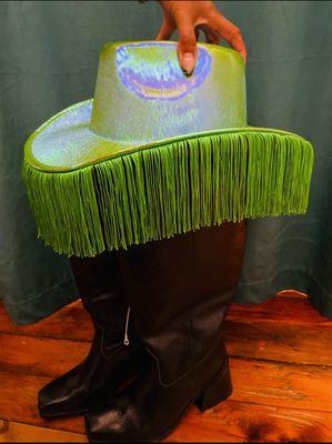 iridescent fringe lampshade cowboy hat $27 & wide leg Vince Camuto leather boots $75