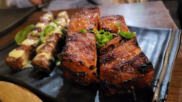 $6/ea pair, kobe and pork belly skewers. Beef was ok, but the pork belly was AMAZING, melt in your mouth tenderness!