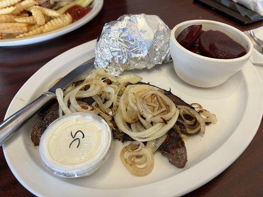 Liver & Onions, sides of pickled beets (soooo yummy and sweet) and baked potato with a side of sour cream