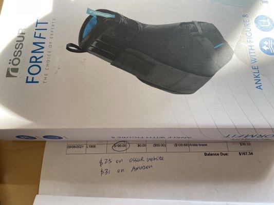 Ankle brace that Dr Fang charged $89.32 while Amazon charges $31