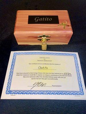 Cremation Box with Pet's name placard & Certification of Private Cremation.