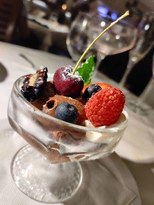 Dark chocolate mousse, almond Florentine with fruit.