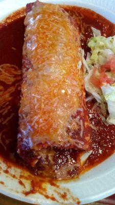 Roberto's red chile con carne smothered burrito. Fair amount of meat with no potato. Flavor was not great. Seemed to have a lot of cumin.