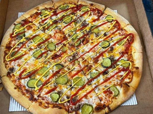 Cheeseburger with pickle pizza