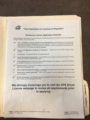 Checklist needed for documents for teen driver's license