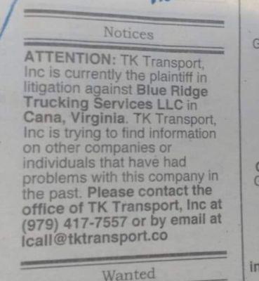 Legal troubles for The thieves at Blue Ridge Truck Service.