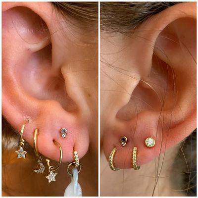 Regular lobe piercings and a triangle lobe piercing in each ear.