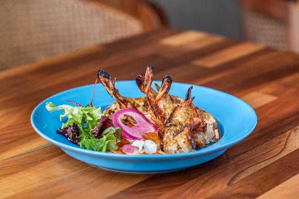 Kairi Prawn Takku(d, s)
Grilled prawn, watermelon radish, Maharashtrian takku aioli,
chargrilled lemon, micro herbs