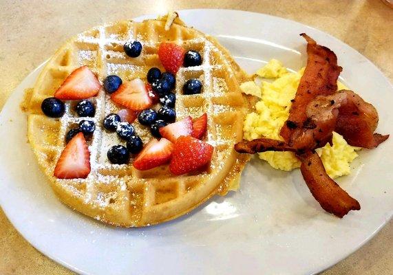 The Patriot Waffle with Scrambled Eggs and Hardwood Smoked Bacon