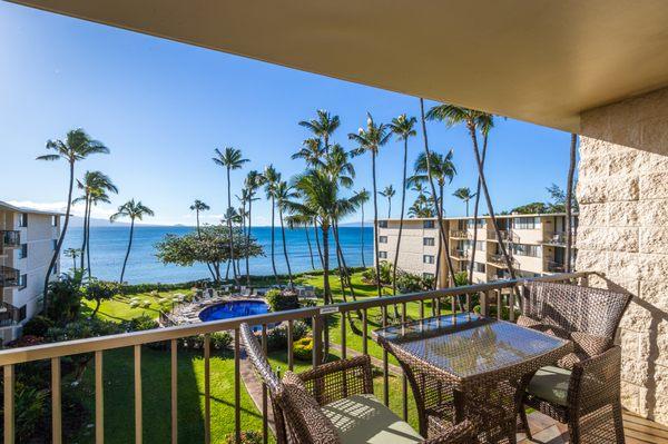 Amazing view from lanai: Pacific Ocean, Haleakala, Molikini Crater, whales, turtles.