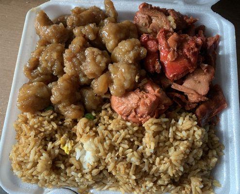 Orange and bourbon chicken with rice.