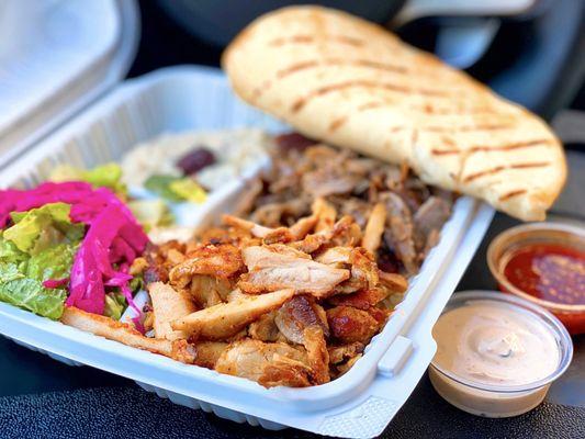 COVID TAKEOUT: Combo Gyro Plate w/ chicken gyro, lamb-beef gyro, rice, salad, sub hummus for babaganoush, pita | $13.95