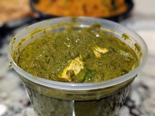 Palak paneer. Spinach cooked with fresh homemade cheese. $13.