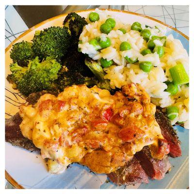 Green Chef.  Ranch Steaks.  Creamy Red Pepper Sauce.  Parmesan Rice.  Roasted Broccoli.