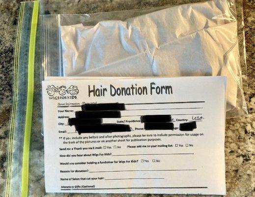 Hair and donation form for "Wigs for Kids".