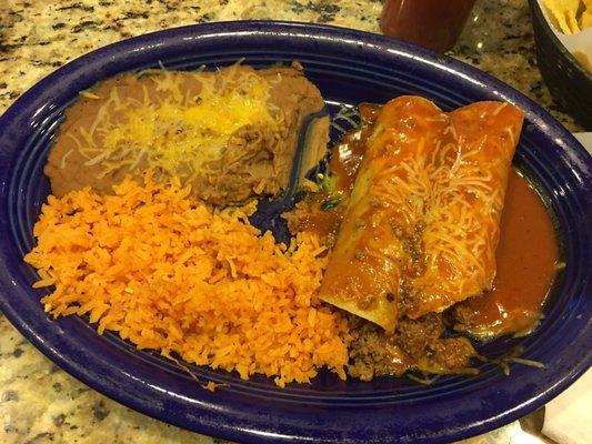 Combination 10: 2 beef enchiladas, rice and beans