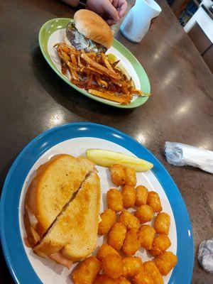 Grilled cheese add ham sub Chips with tots. Mushrooms and pepper cheeseburger sub chips with fries.