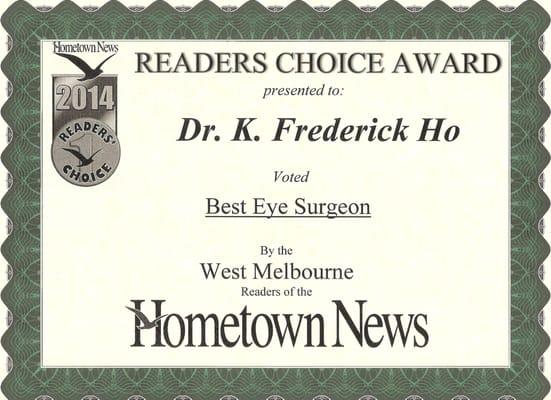 Hometown News Readers Choice Award for Best Eye Surgeon