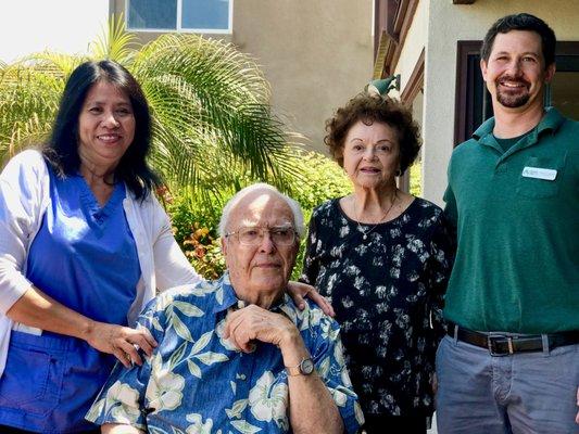 Owner, Aaron with Client, Bob and Delores, and Caregiver, Celia