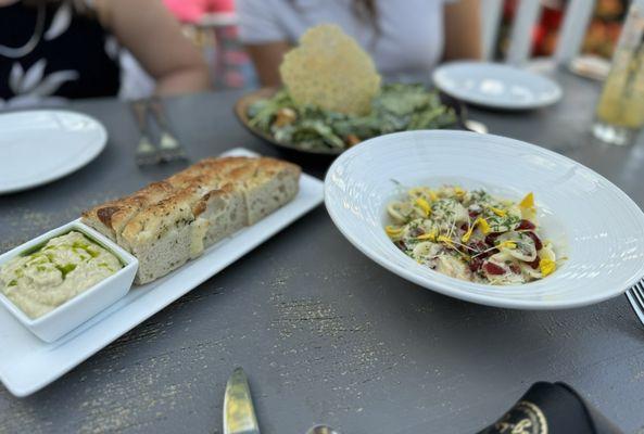 Focaccia, Baby Kale Caesar Salad, Orecchiette