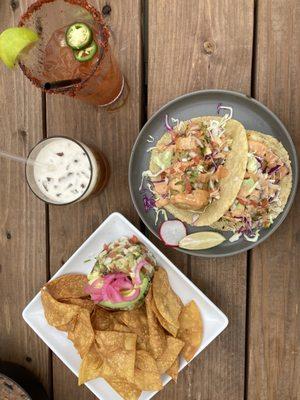 Michelada, ceviche and fish tacos