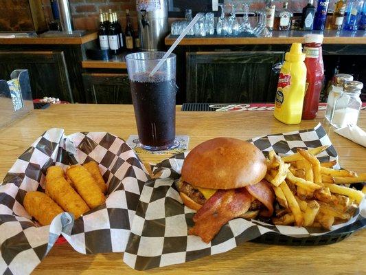 Bronco Burger with fries and mozzarella sticks