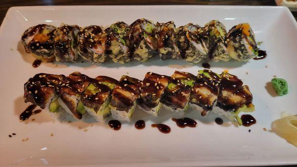 Top roll is the Eel Tempura Roll Bottom roll is the Musashi Roll