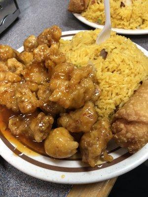 Orange chicken with pork fried rice and roll