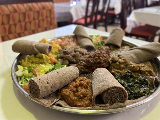 Ethiopian food both meat and veggie platter