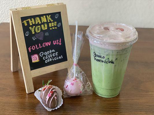 Iced matcha latte with strawberry cold foam