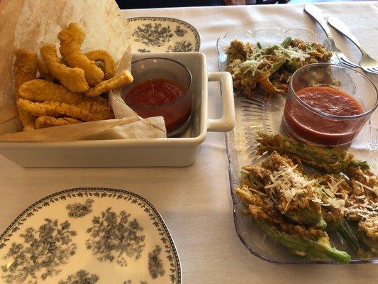 Calamari strips and zucchini blossoms