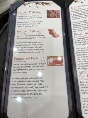 Pedicure menu