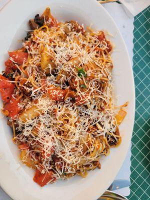 Dane's Dish with angel hair, bolognese and meatball.