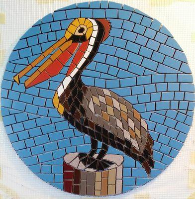 Seaview Ave. & Shell Beach Rd., Shell Beach, CA.  Pelican sidewalk mosaic by Passiflora Mosaics.