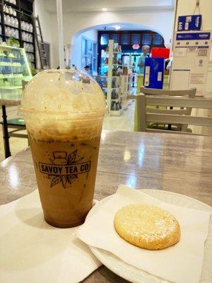 Cold latte tea with a lemon cookie!