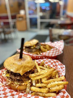 Mean fried egg burger with garlic Parmesan fries.