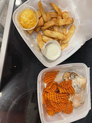 Cheesesteak with side of sweet potatoes fries. Order of cheese fries (separate) ...shredded cheese !