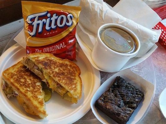 Skipjack Sandwich, Gobbler Wrap with Broccoli Cheese Soup, and a Brownie