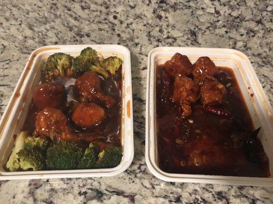 Orange chicken on the right, general tso chicken on the left. NO difference in dish and sauce