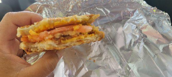 Inside vegan chicken patty sandwich