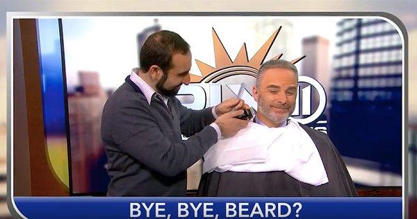 Sam trimming beard of Scott Mitchel from Pix11 Channel in NYC