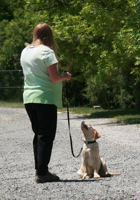 Julie our trainer and Oscar during a training lesson