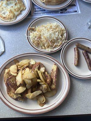 Fresh Apple French Toast, Hash Browns, Sausage Links, Belgian Waffles, Eggs- Over hard