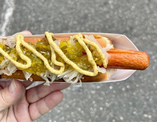 Dog with relish, kraut, mustard