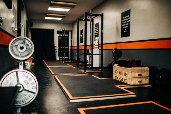 Rogue Squat racks and deadlift platforms.