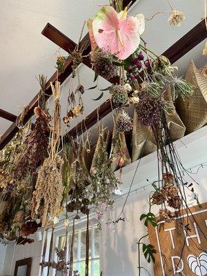 the beautiful set up of some of the hanging dried flowers/etc.