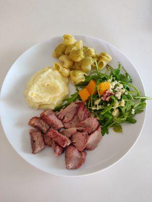 Potato puree, lumache pasta with hatch chile sauce, fall arugula salad