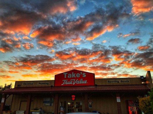 Sunset. Take's Hardware And Variety Store, True Value